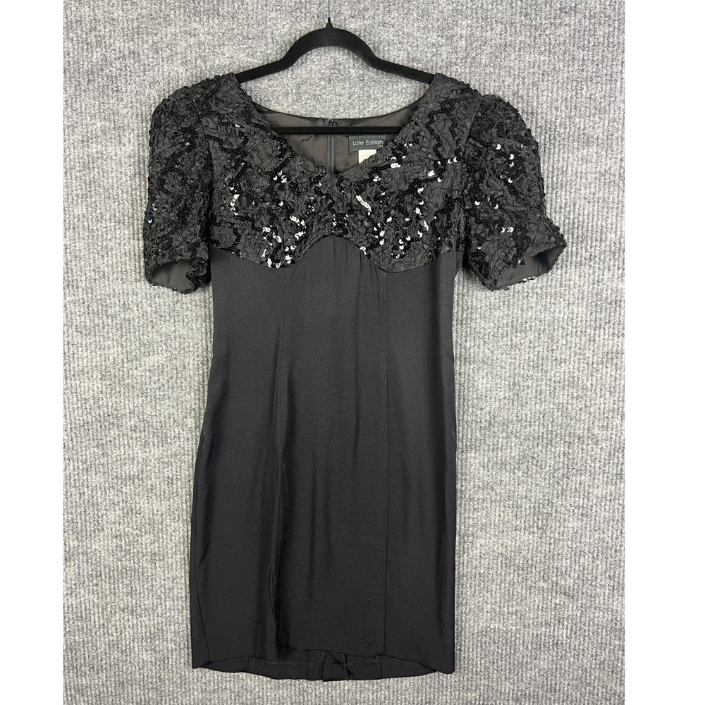 90s Gothic Glam Black Sequin Mini Dress Puff Sleeve Dark Romantic Cocktail
